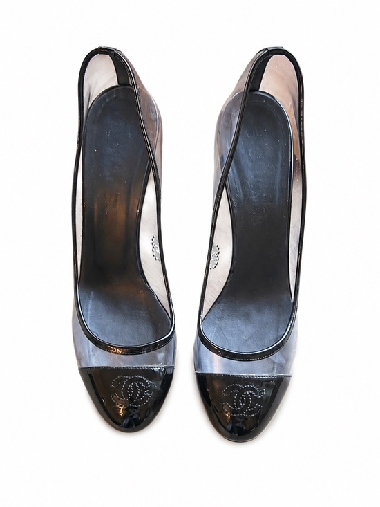 CHANEL Shoes - CHANEL Black Patent Leather & Clear PVC Cap Toe Pumps – Iconic CC Logo size 39